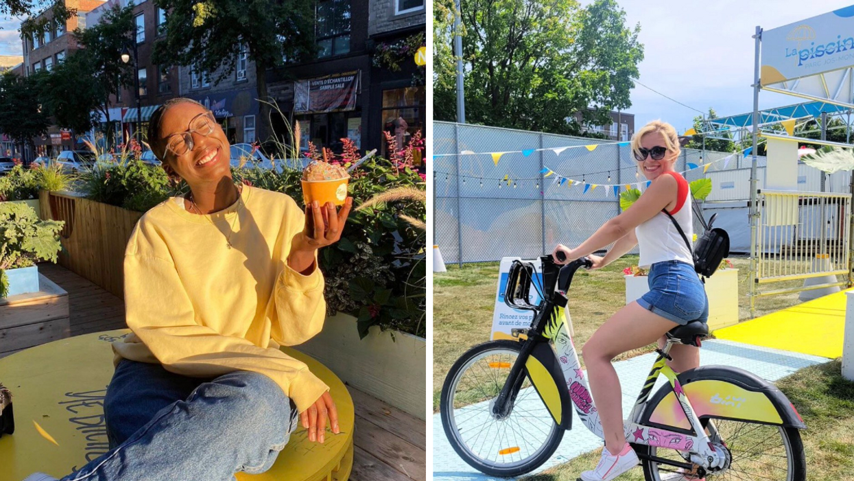 Femme avec crème glacée. Droite : Femme sur vélo à La Piscinette.