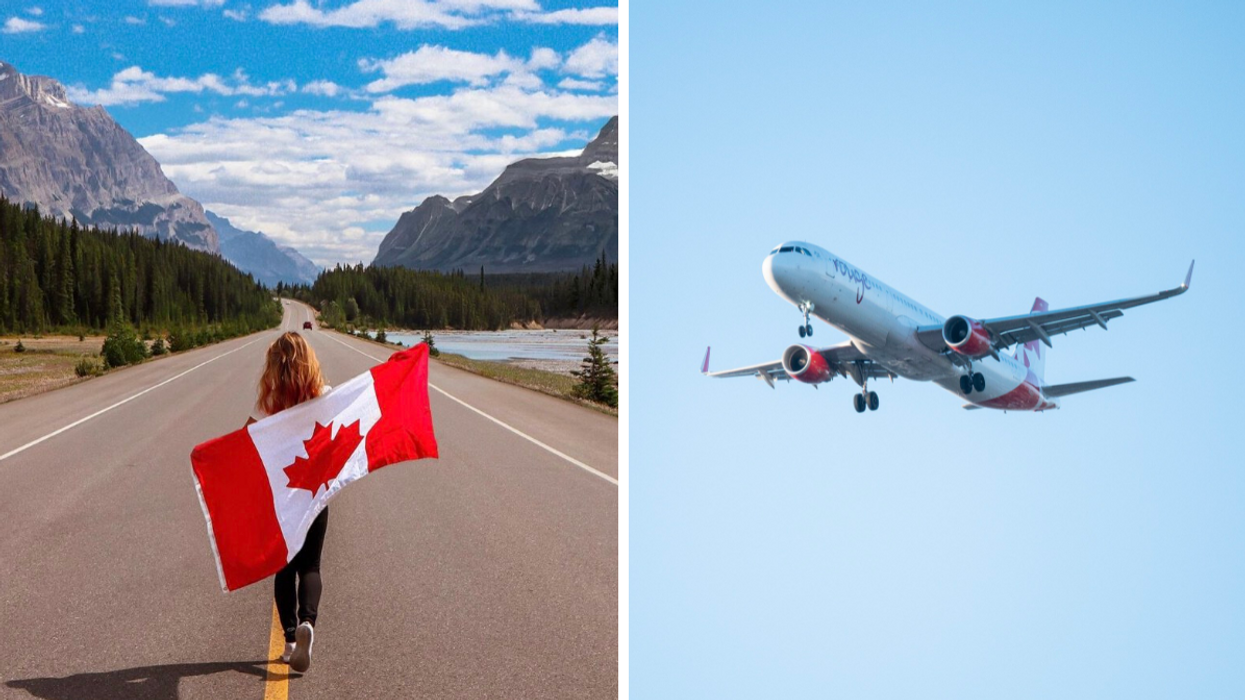 Femme avec drapeau canadien. Droite : Avion Air Canada.