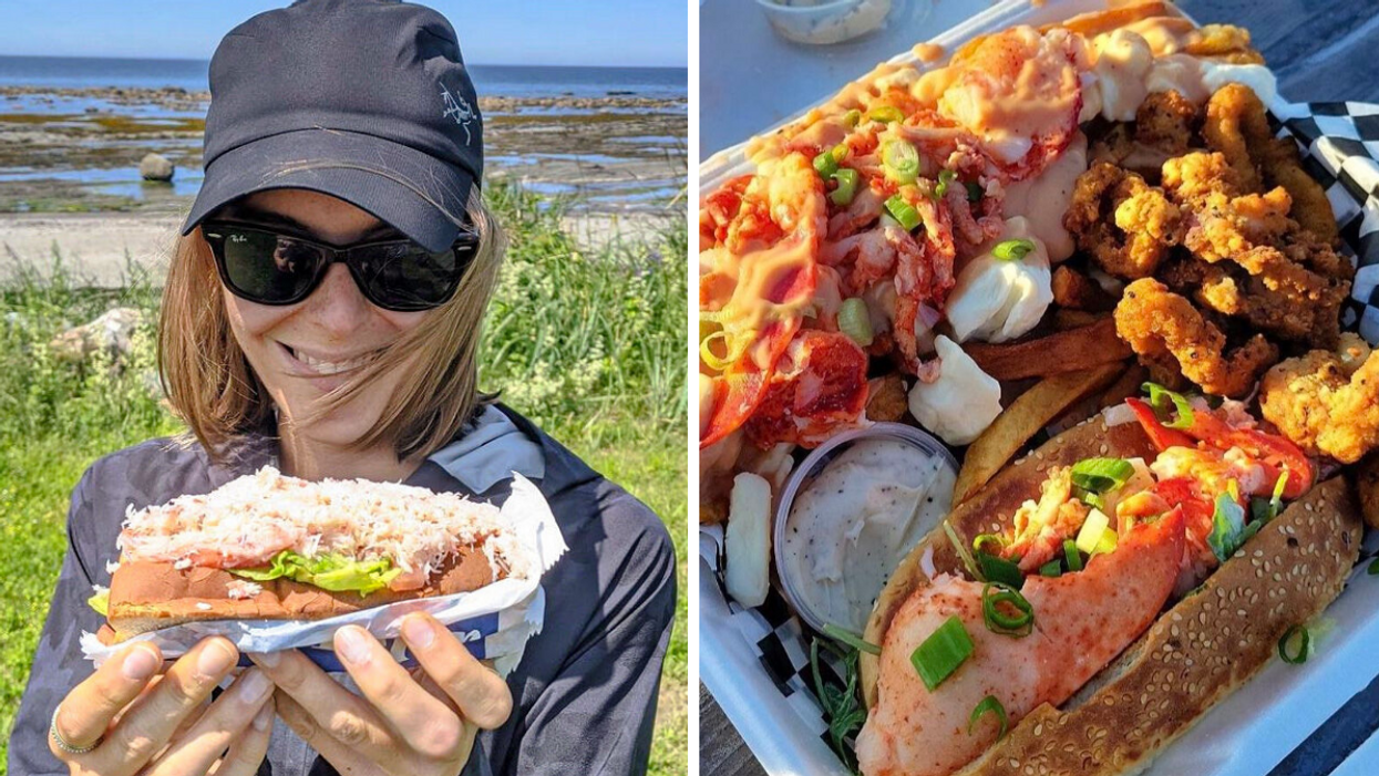 Femme avec une guédille au homard. Droite : Plat de la cantine Chez Mag.