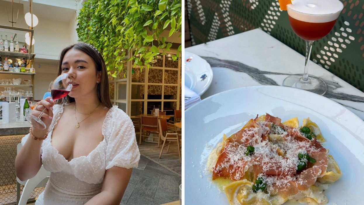 Femme avec verre de vin. Droite : Plat de pâtes du Fiorellino.