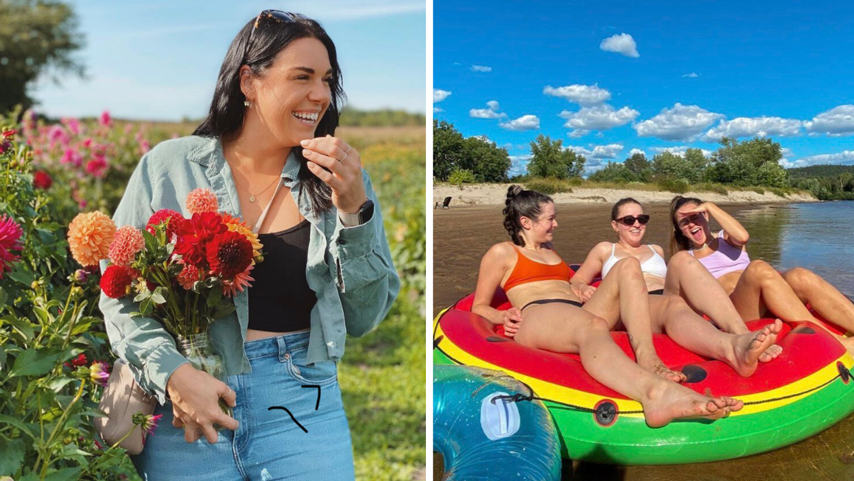 Femme dans un champ de fleurs. Droite : Femmes sur tube.