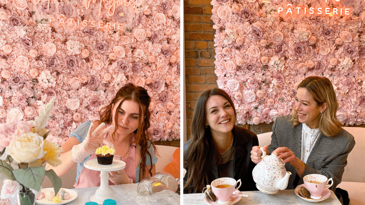 Femme décorant cupcakes. Droite : Femmes prenant le thé.