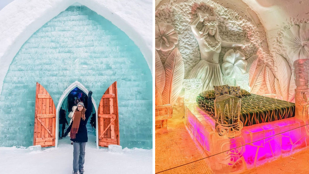 Femme devant l'Hôtel de glace. Droite : Chambre dans l'Hôtel de Glace.