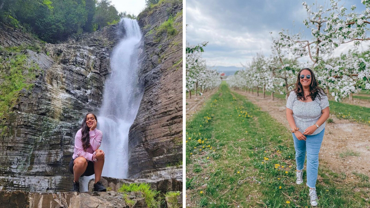 Femme devant la chute Jean-Larose. Droite: Femme dans un verger.
