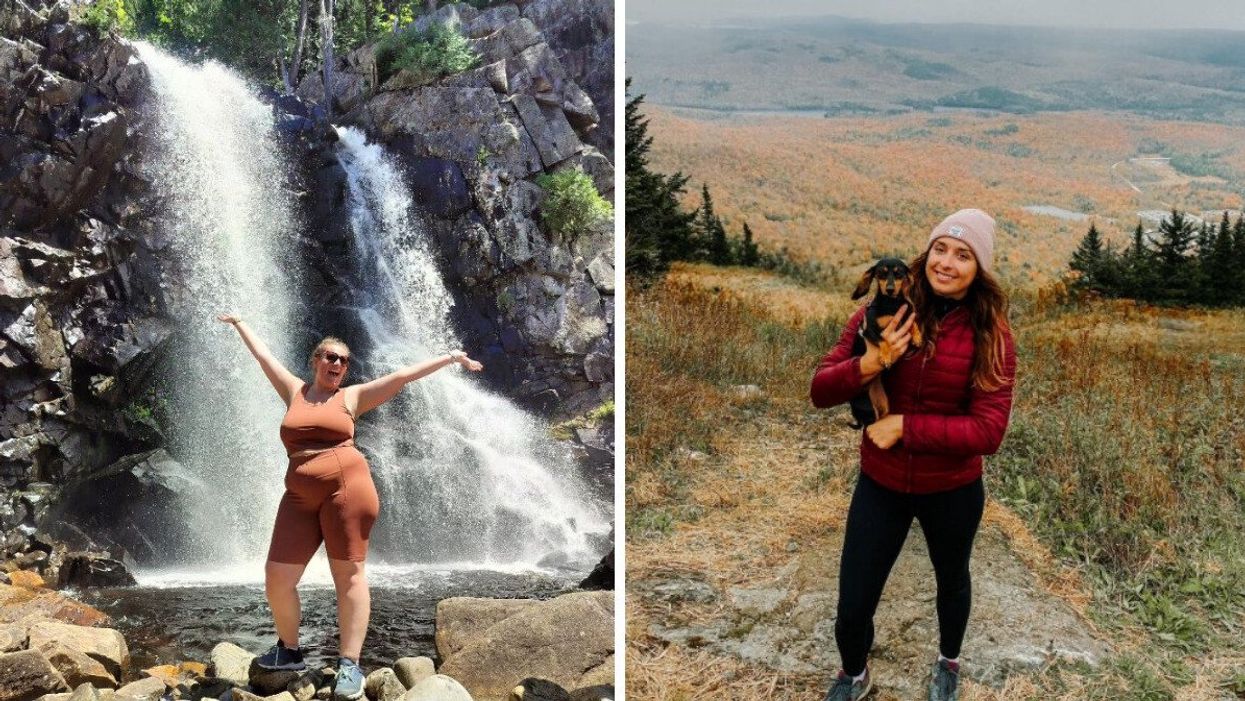 Femme devant une cascade au parc Chute-à-Bull. Droite: Personne et son chien au Mont-Orford.