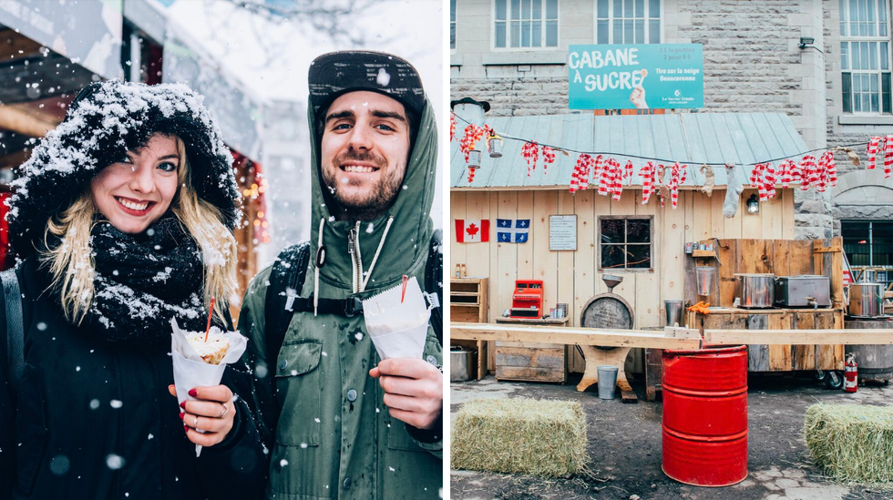 Femme et homme avec cornet. Droite : Cabane \u00e0 sucre.