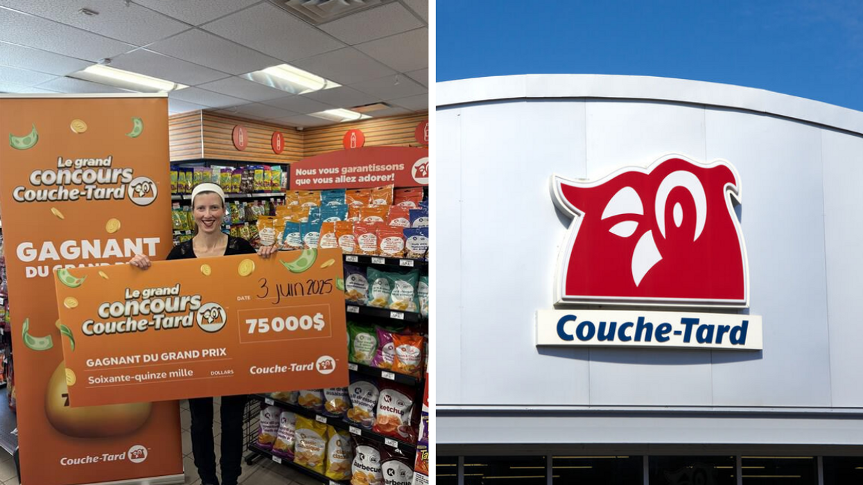 Femme gagnante tenant un chèque géant de 75 000 $ dans un dépanneur Couche-Tard, concours 2025. Droite: Logo rouge et blanc de Couche-Tard affiché sur la façade d’un magasin au Québec, ciel bleu en arrière-plan.