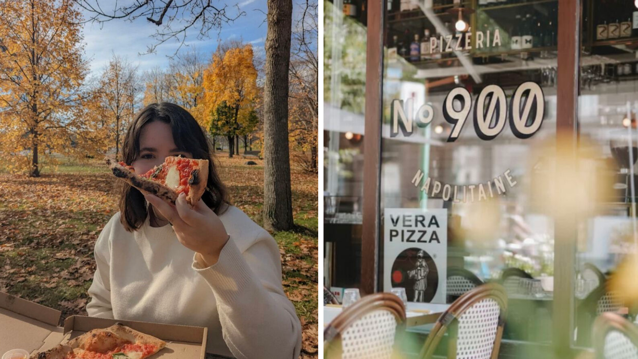 Femme mangeant une pizza. Droite : Pizzeria No. 900.