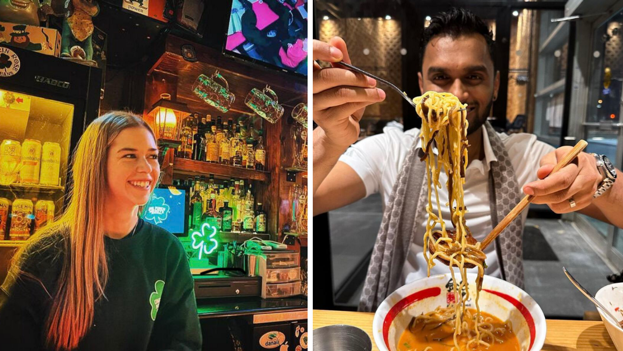 Femme pub irlandais. Droite : Homme avec ramen.