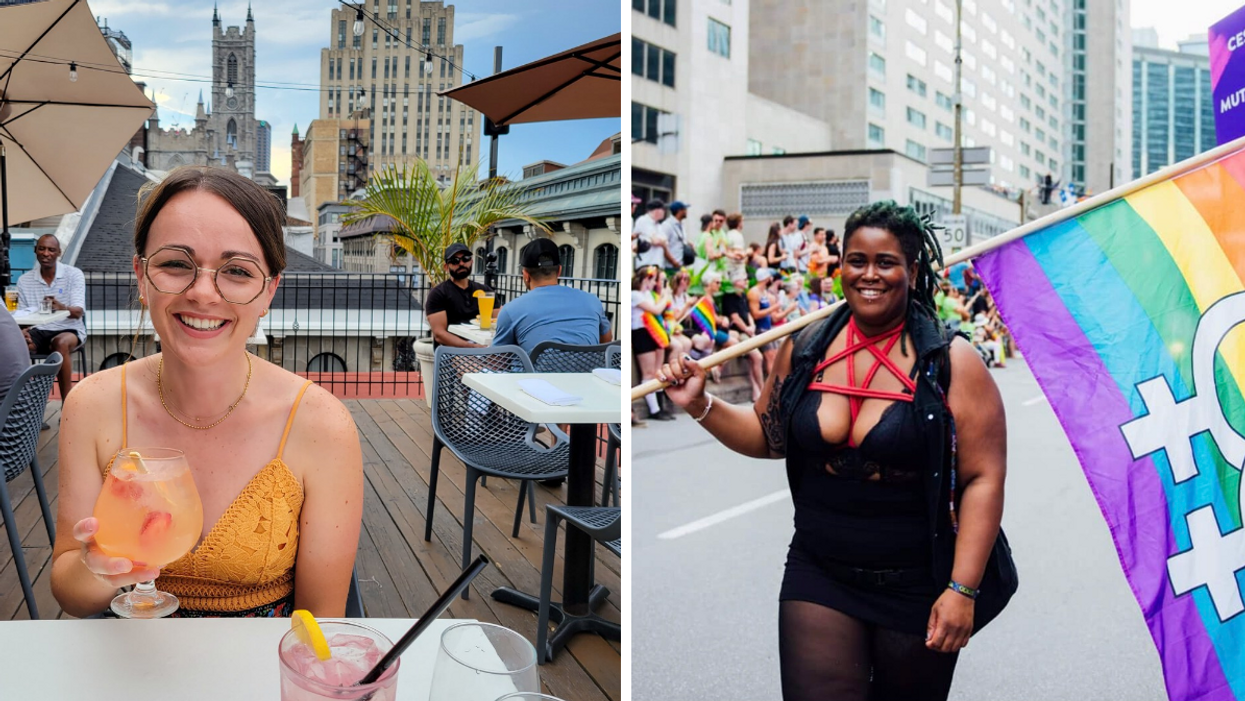 Femme sur la terrasse Place d'Armes. Droite : Femme au défilé de Fierté Montréal.