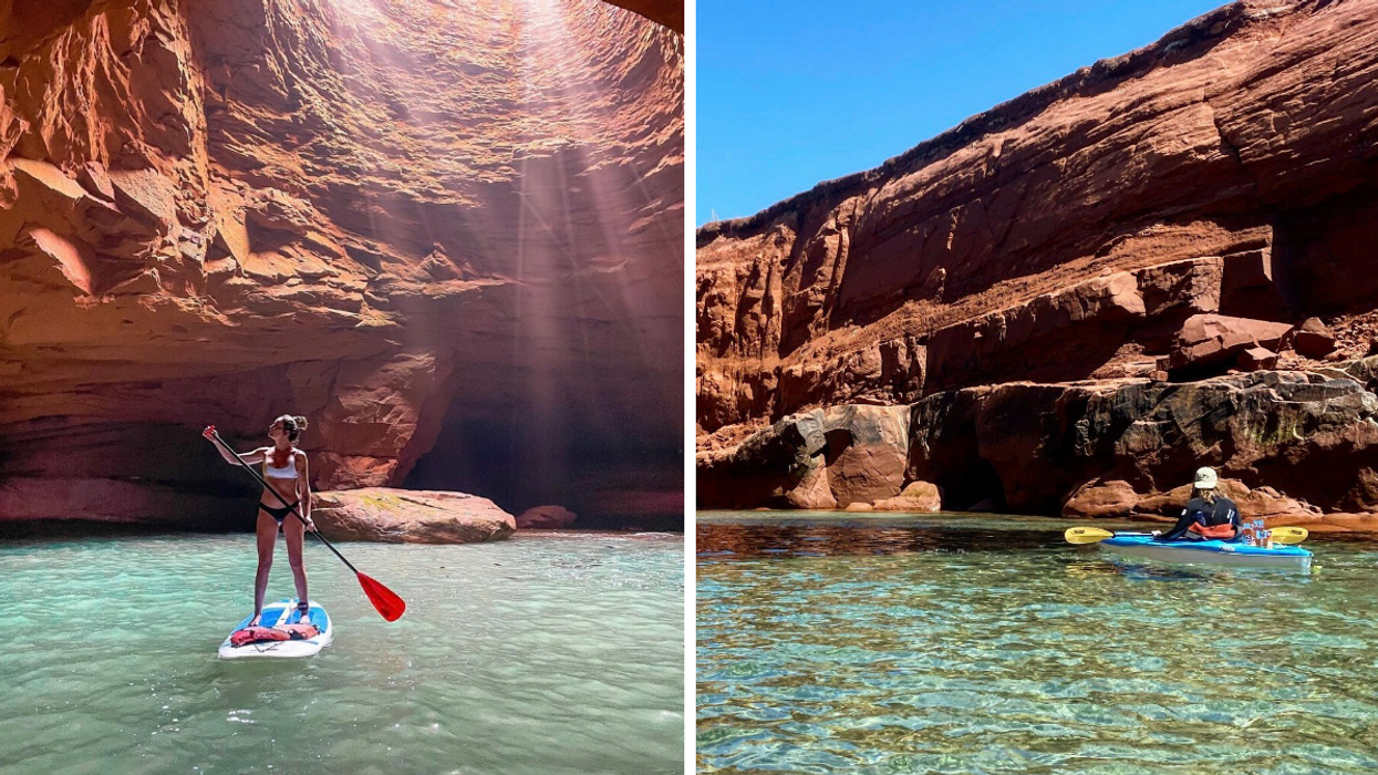 Femme sur paddle board. Droite : Kayakiste devant la grotte.
