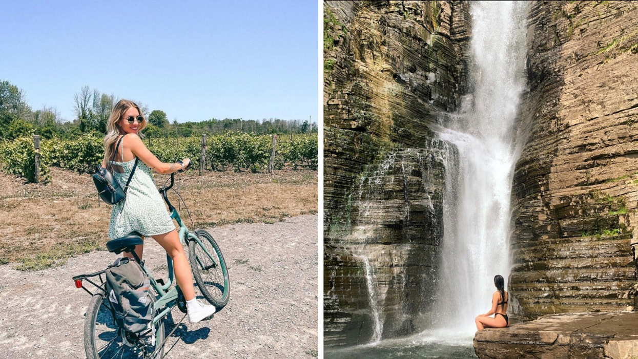 Femme sur vélo dans les vignobles. Droite : Femme devant une chute.