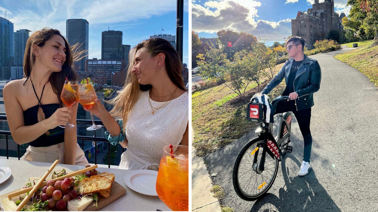 Femmes sur la Terrasse Place D'Armes. Droite : Homme avec un vélo.