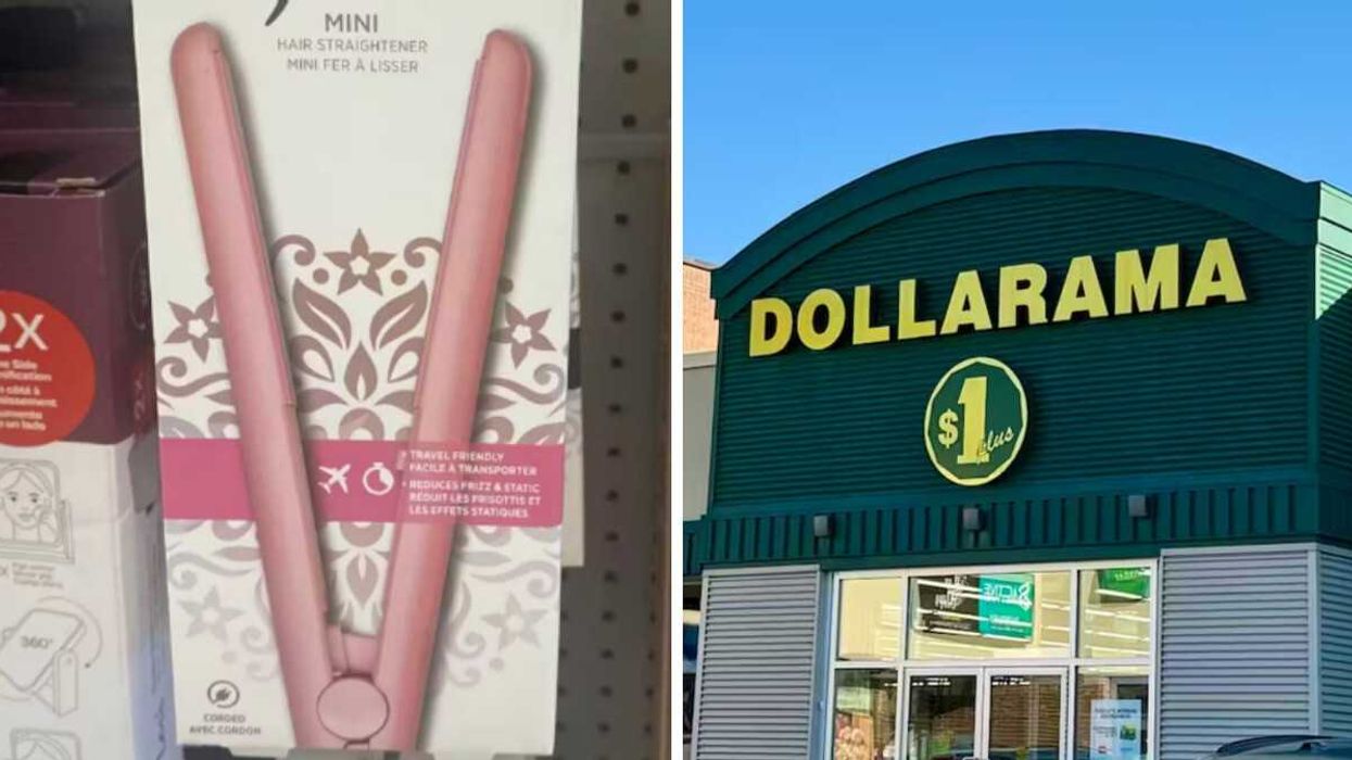 Fer plat. Droite : Devanture d'un Dollarama au Québec.
