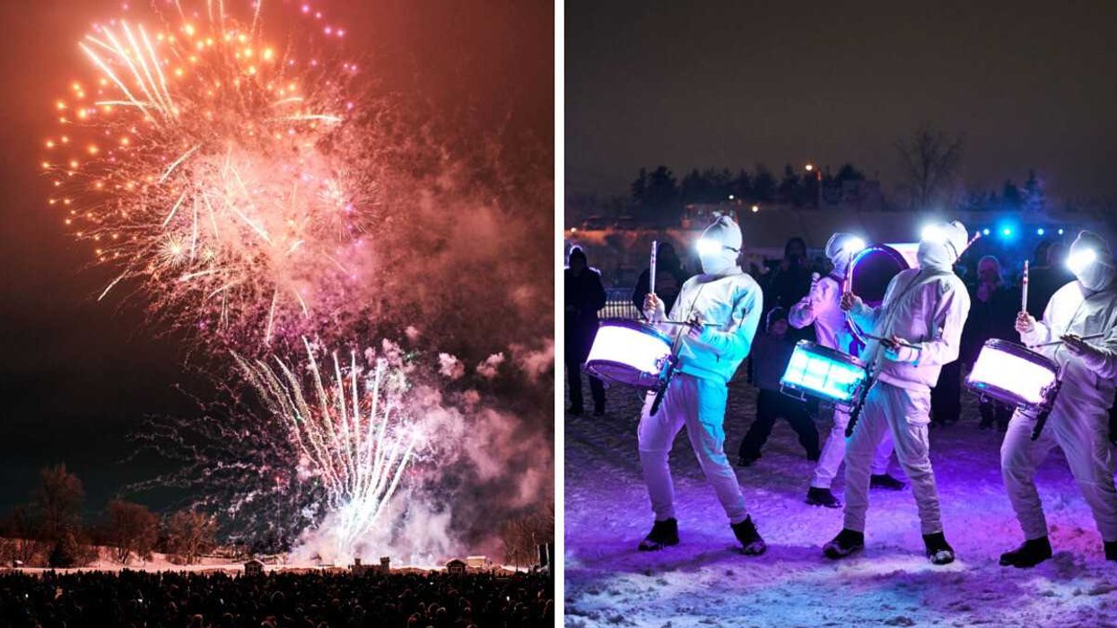 Feu d'artifice à Laval en Blanc. Droite : des percussions lumineuses à Laval en blanc.