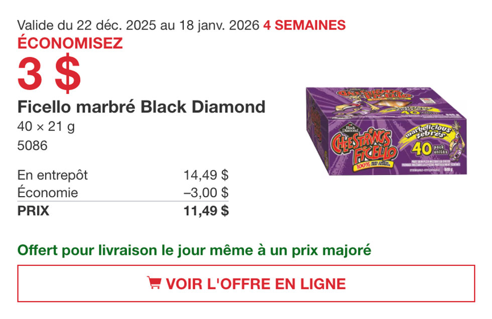Ficello marbr\u00e9 Black Diamond 40 x 21 g sur le site de Costco.