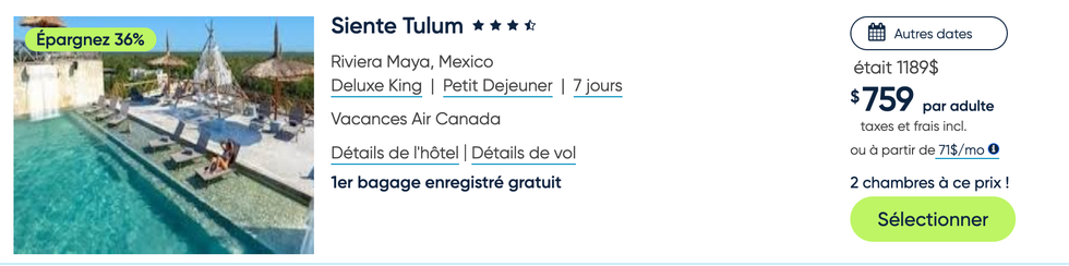Forfait de voyage de l'h\u00f4tel Siente Tulum au Mexique.