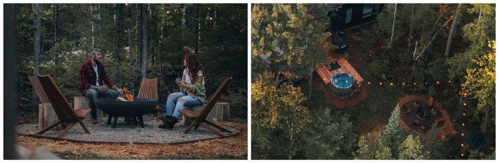 Foyer ext\u00e9rieur d'un Airbnb \u00e0 louer dans les Laurentides au Qu\u00e9bec. Droite : Spa et foyer d'un Airbnb \u00e0 louer dans les Laurentides au Qu\u00e9bec.