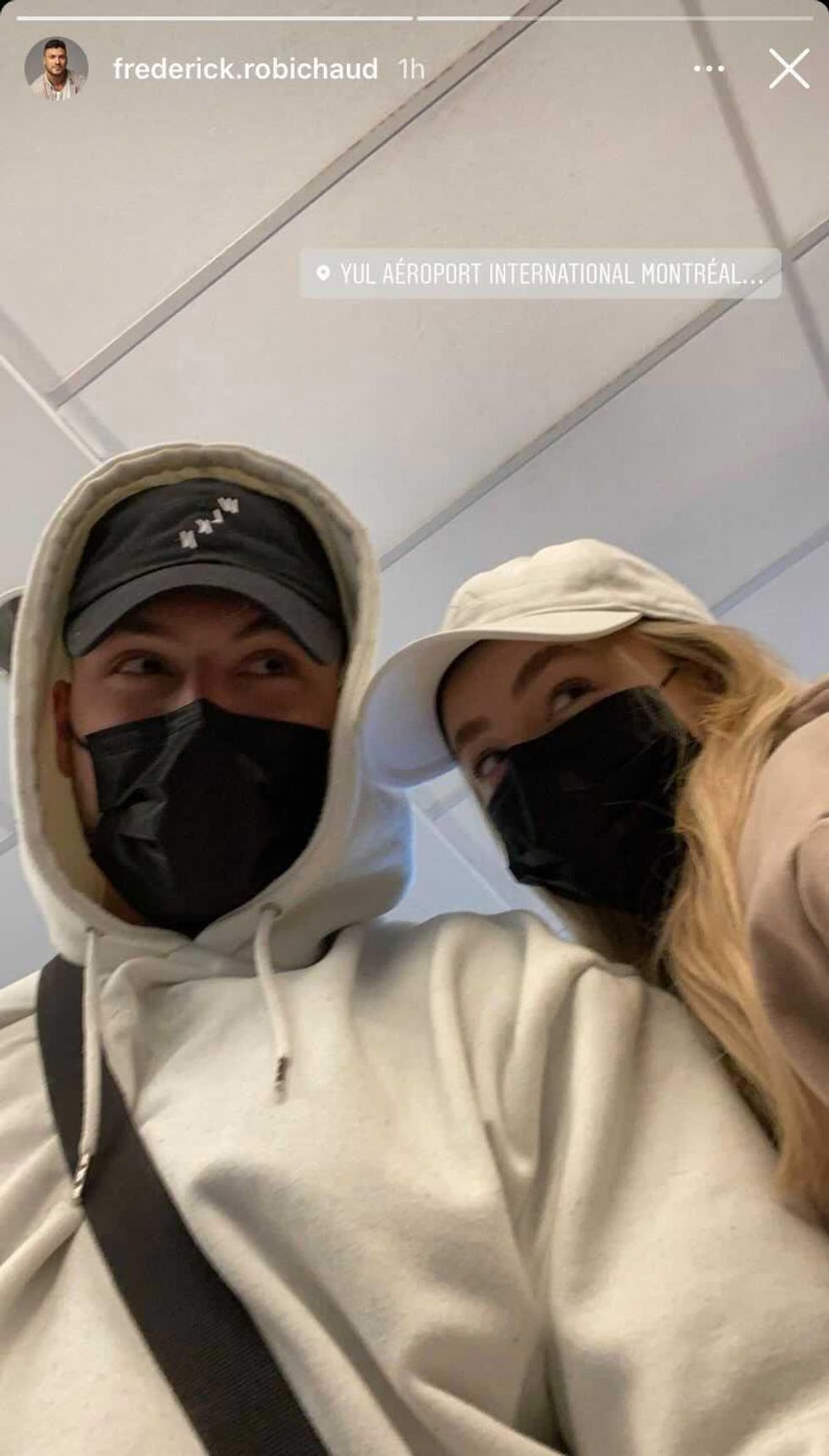 Fr\u00e9d\u00e9rick Robichaud et Alicia Moffet \u00e0 l'a\u00e9roport de Montr\u00e9al