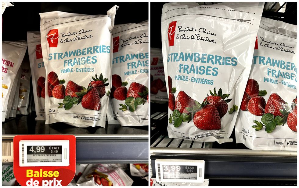 Fraises congel\u00e9es le Choix du Pr\u00e9sident en vente chez Maxi. Droite : Fraises congel\u00e9es le Choix du Pr\u00e9sident en vente chez Provigo.