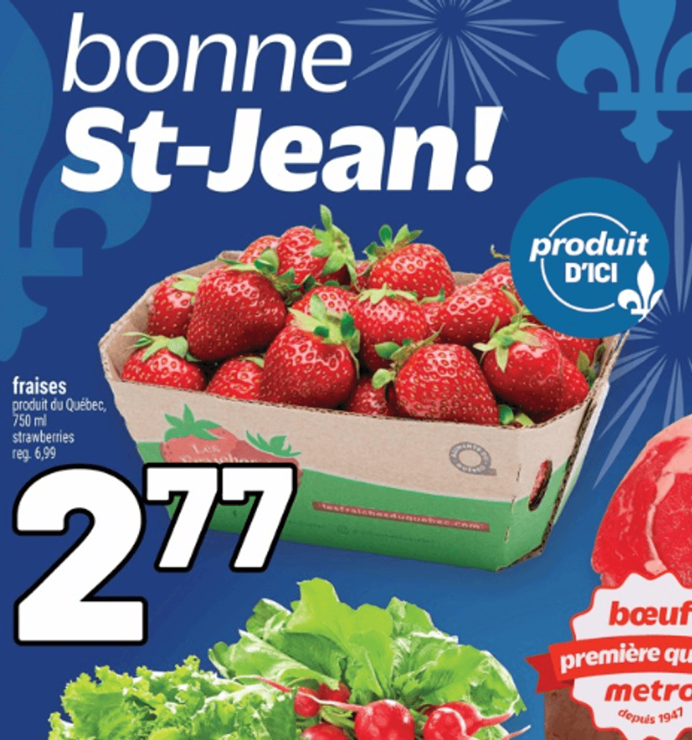 Fraises du Qu\u00e9bec dans la circulaire de Metro. .
