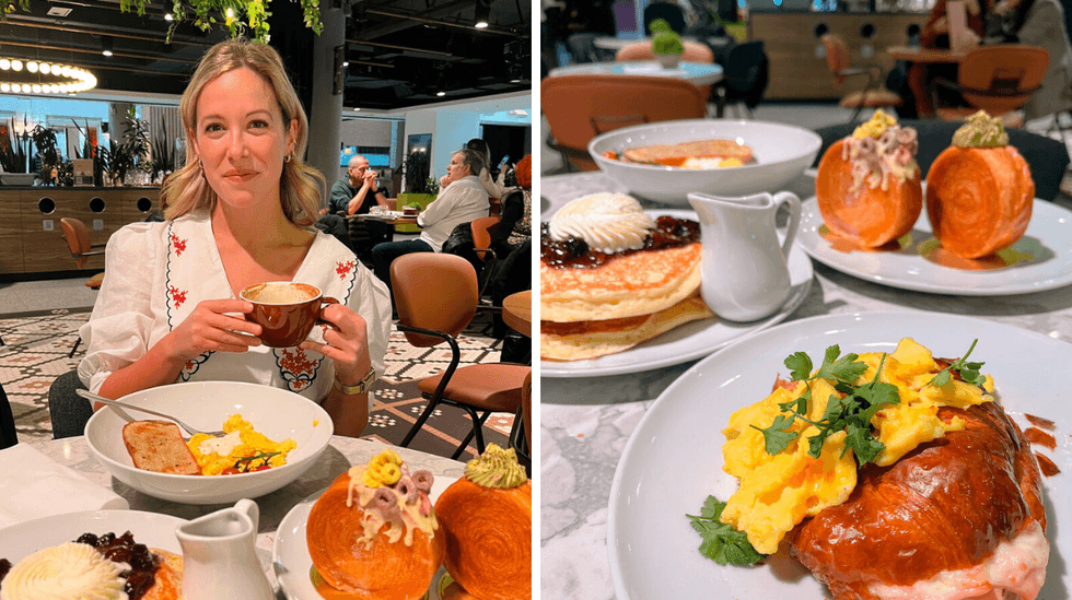 Fran\u00e7oise avec l'assiette de brunch. Droite : Assiettes de brunch.