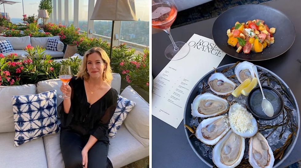 Francoise a la terrasse Rose Orange. Droite : Plateau d'huitres et tomates ancestrales.