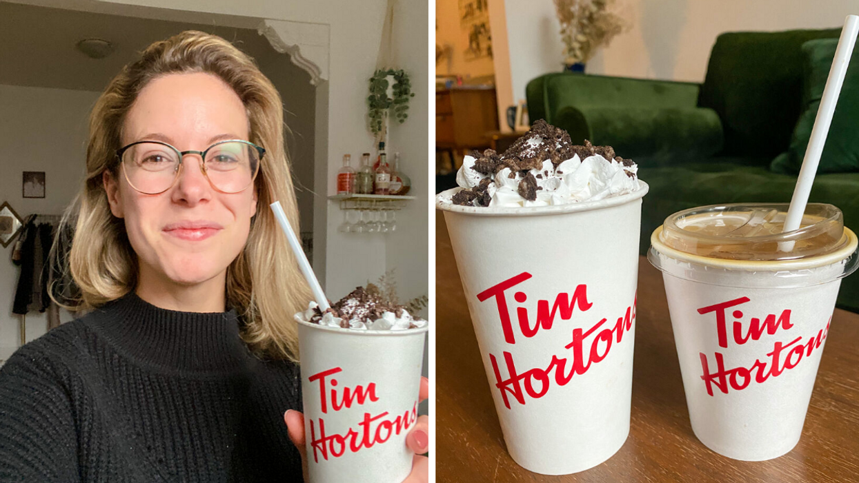 Françoise et un café. Droite : Les deux nouvelles boissons du Tim Hortons.