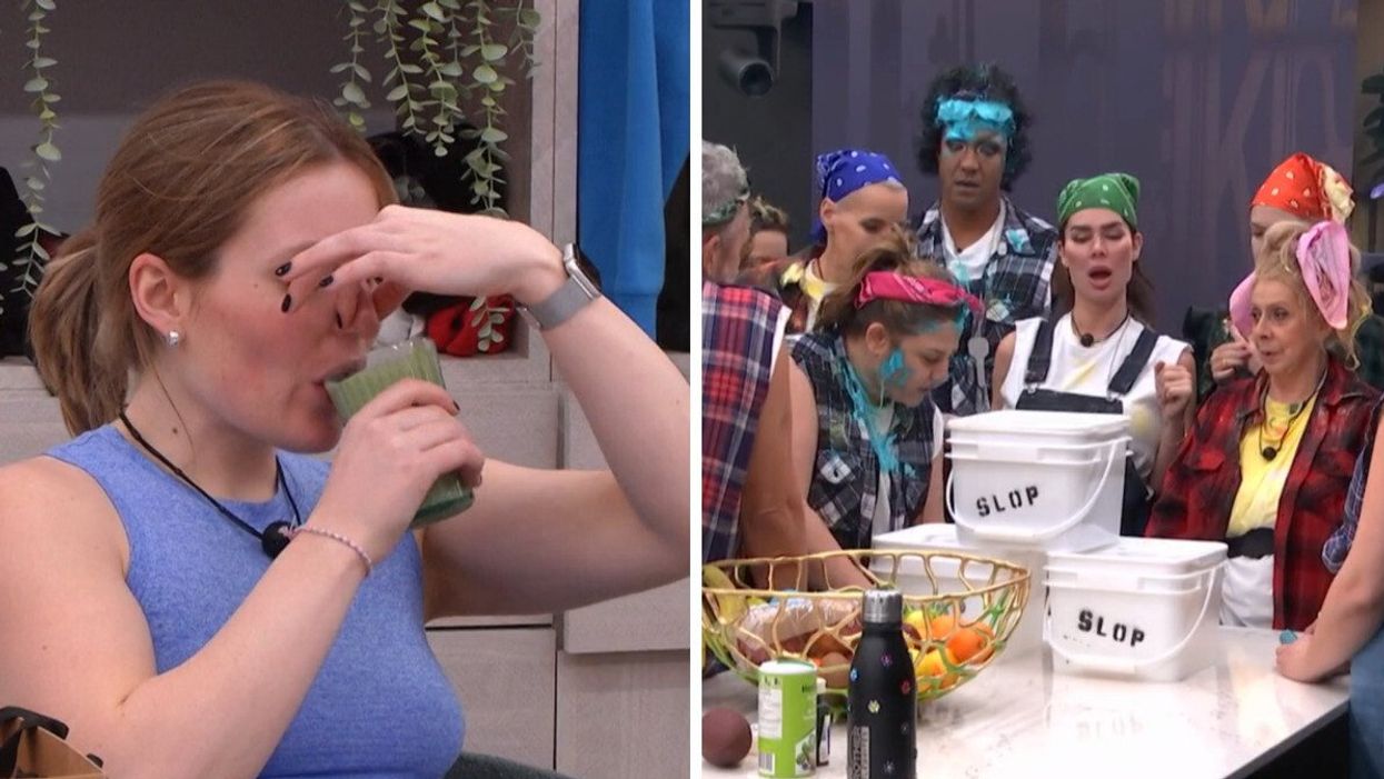 Frédérique boit de la « slop » en se bouchant le nez. Droite : Les candidats de Big brother Célébrités autour de la « slop », avec curiosité.