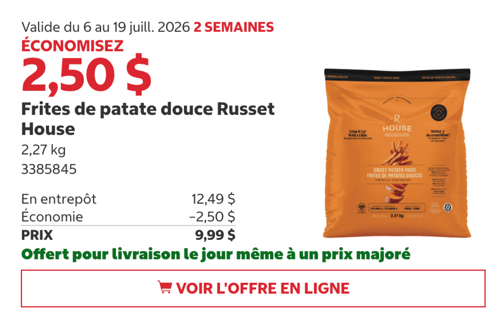 Frites de patate douce Russet House en rabais au Costco.