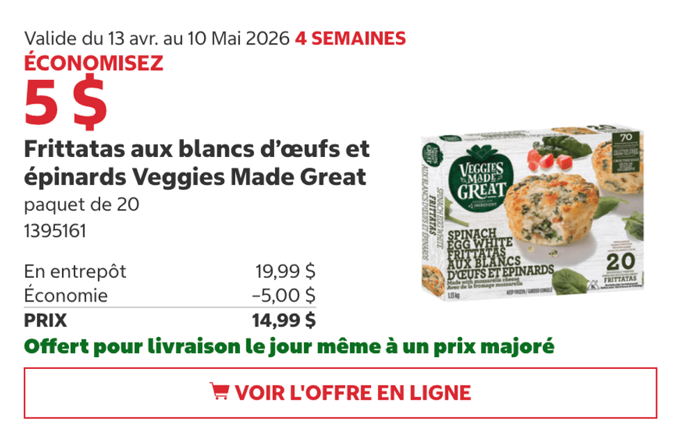 Frittatas aux blancs d\u2019\u0153ufs et \u00e9pinards Veggies Made Great (paquet de 20) au Costco.