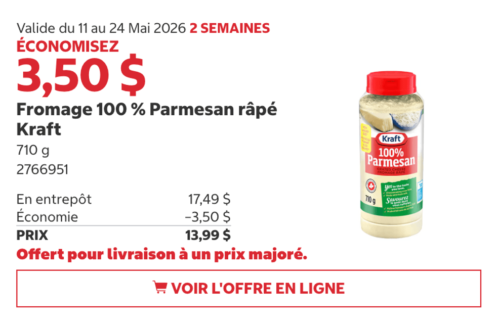 Fromage 100 % Parmesan r\u00e2p\u00e9 Kraft (710 g) au Costco.