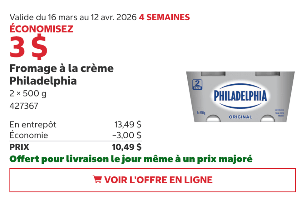Fromage \u00e0 la cr\u00e8me Philadelphia en rabais au Costco.