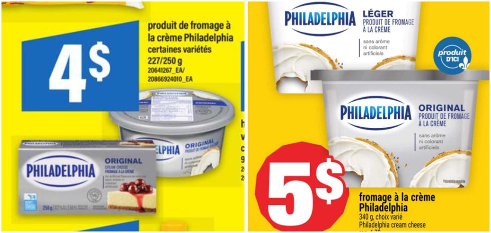 Fromage \u00e0 la cr\u00e8me Philadelphia en rabais au Maxi. Droite : Fromage \u00e0 la cr\u00e8me Philadelphia en rabais au Super C. L