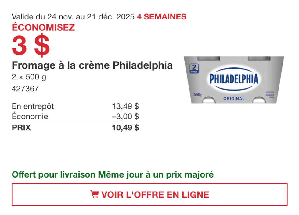 Fromage \u00e0 la cr\u00e8me Philadelphia sur le site de Costco.