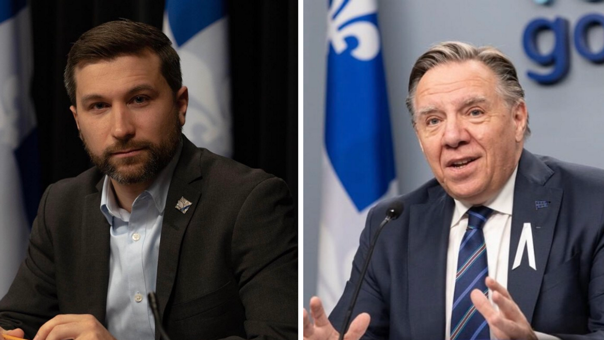 Gabriel Nadeau-Dubois. Droite : François Legault.