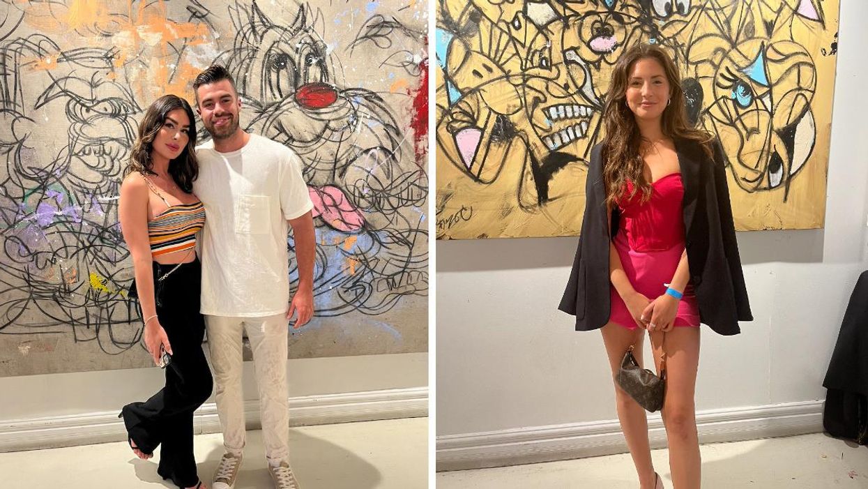 Gabrielle Marion et son amoureux. Droite : Sabrina d'OD à la soirée d'Hugo Renzo.