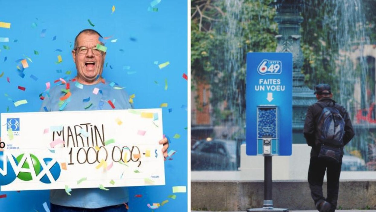 Gagnant du Lotto Max. Droite : Panneau publicitaire Lotto 649.