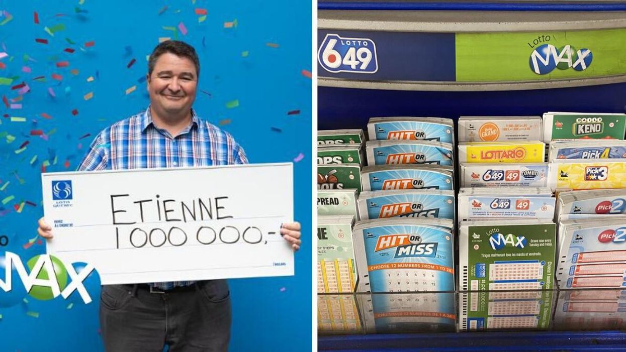 Gagnant du Lotto Max, octobre 2022. Droite : Comptoir de loteries.