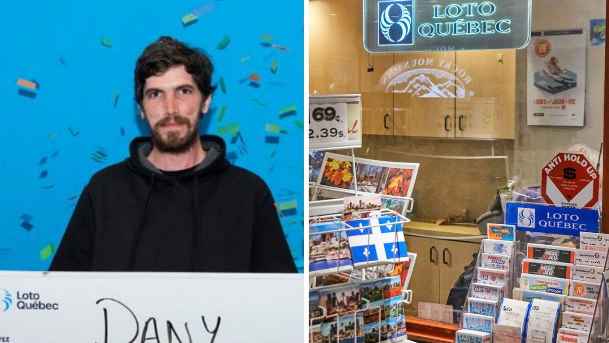 Gagnant Loto-Québec. Droite : Enseigne de Loto-Québec.