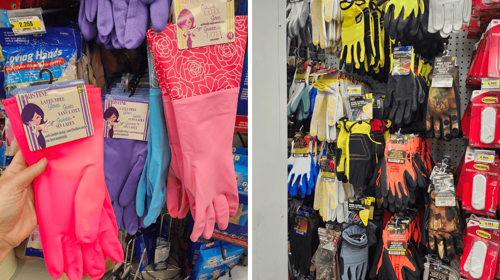 Gants de m\u00e9nage sur les \u00e9tag\u00e8res du Dollarama. Droite : gants de travail sur les \u00e9tag\u00e8res du Dollarama.