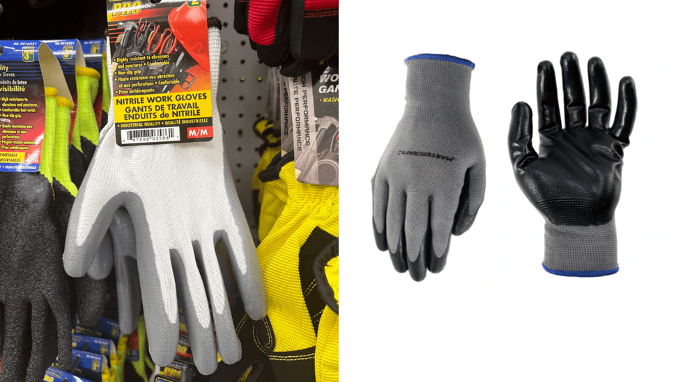 Gants en nitrile au Dollarama. Droite : Gants en nitrile Mastercraft.