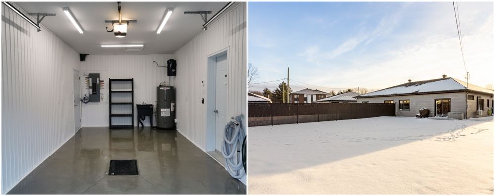 Garage blanc avec plancher gris en vinyle. Droite : Grande cour arri\u00e8re enneig\u00e9e.