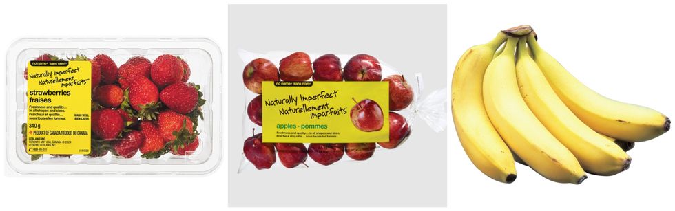 Gauche : Les fraises de la marque Sans Nom du Maxi. Centre : Les pommes de marque Sans Nom du Maxi. Droite : Des bananes sur le site du Maxi.