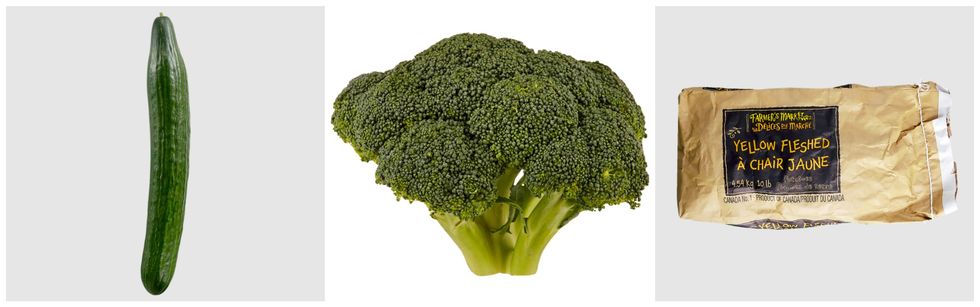 Gauche : Un concombre anglais sur le site du Maxi. Centre : Un brocoli sur le site du Maxi. Droite : Un sac de pommes de terre sur le site du Maxi.