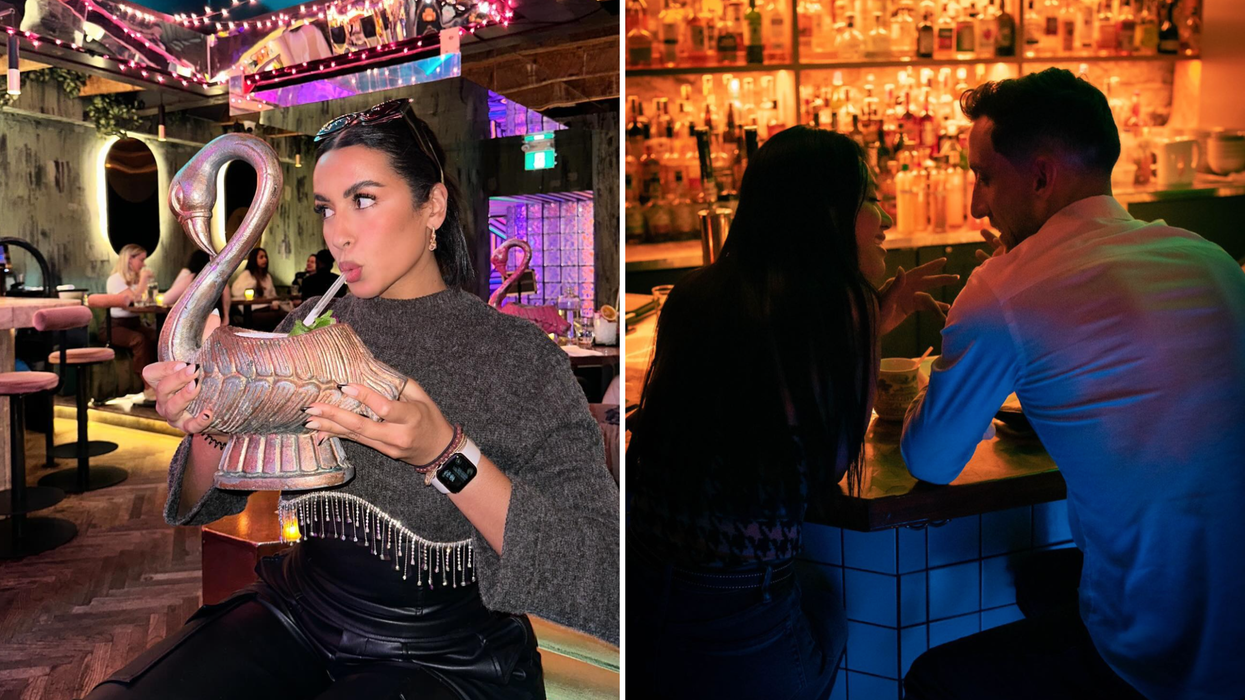 Gauche: Une personne sirotant un cocktail au Milky Way. Droite : Un duo prenant un verre au resto Le Mal Nécessaire.