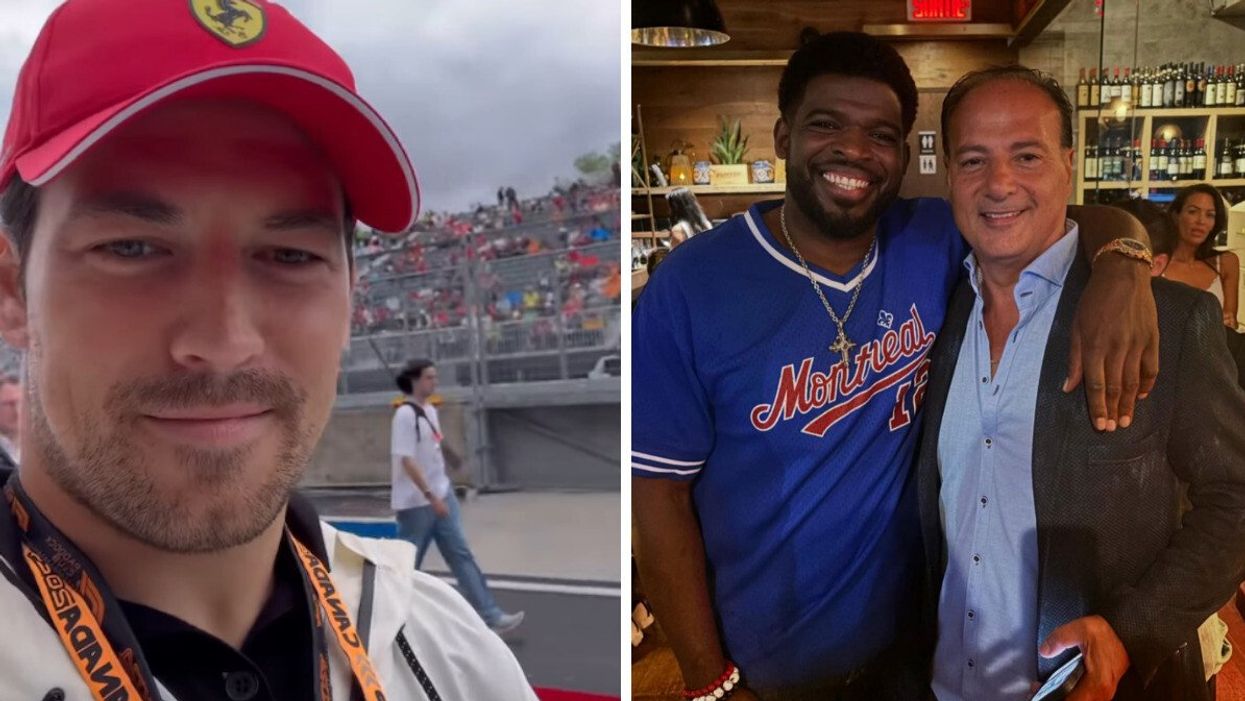 Giacomo Gianniotti au Grand Prix devant l'écurie Ferrari. Droite : P.K. Subban dans un restaurant à Montréal avec un ami.