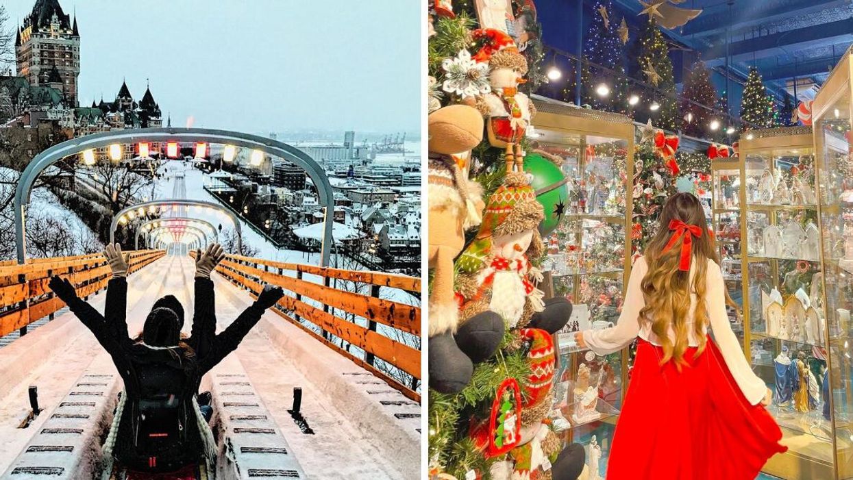 Glissade de la Terrasse Dufferin. Droite : La Boutique de Noël à Québec.