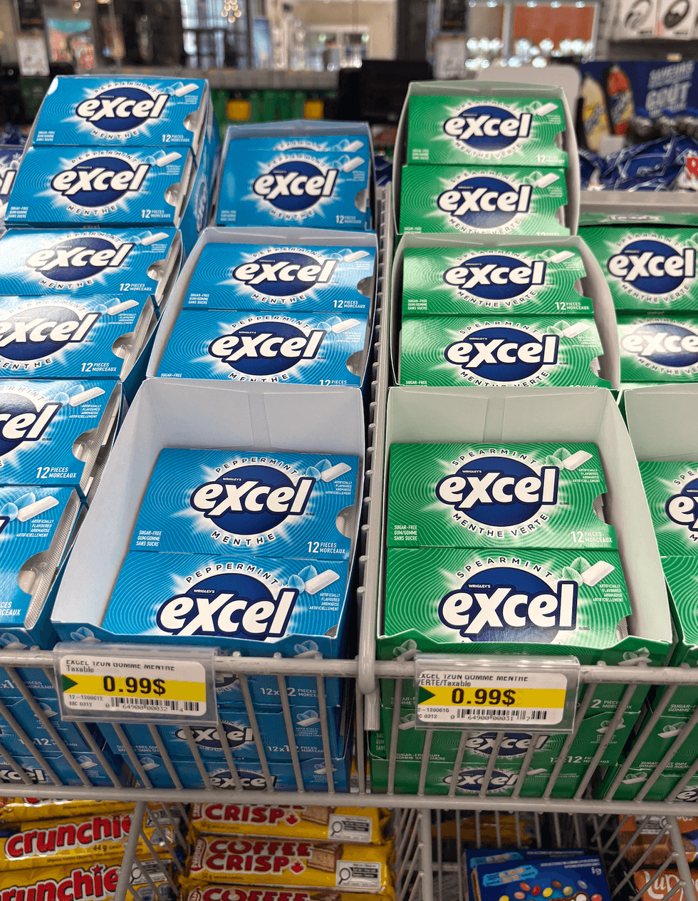 Gommes excel sur les \u00e9tag\u00e8res du Dollarama.