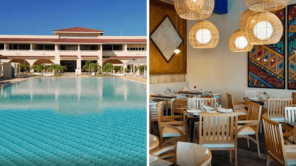 Grande piscine au Grand Memories Holguin. Droite : Salle \u00e0 manger.